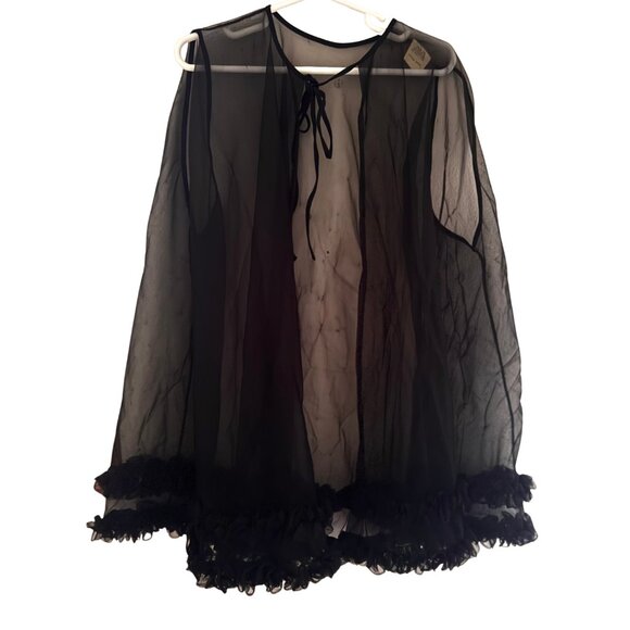 70s 80s Vintage Sheer Black Peignoir Robe with Ruffle Hem | Goth Dark Romance - Picture 6 of 8